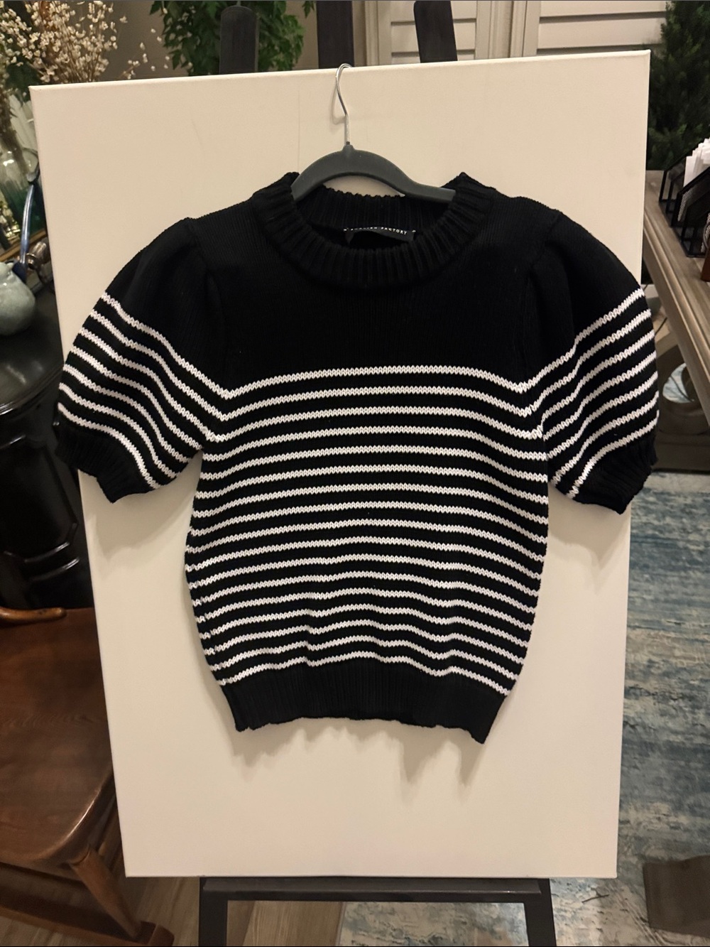 English Factory Black and White Striped Short Sleeve Crew Sweater Fall